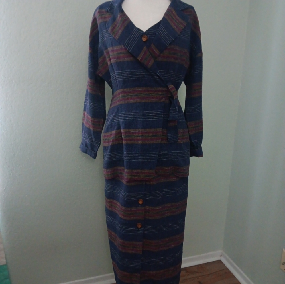 Elegant Blue Striped Wrap Dress Vtg Linen Blend With Matching Blazer Set